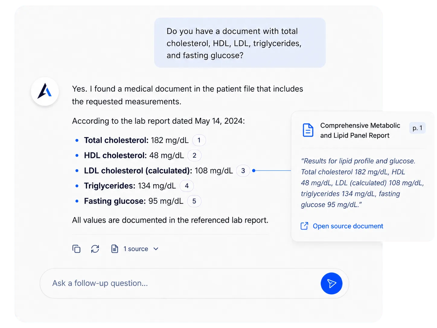 Avicen chat with proof source popup showing the exact document reference