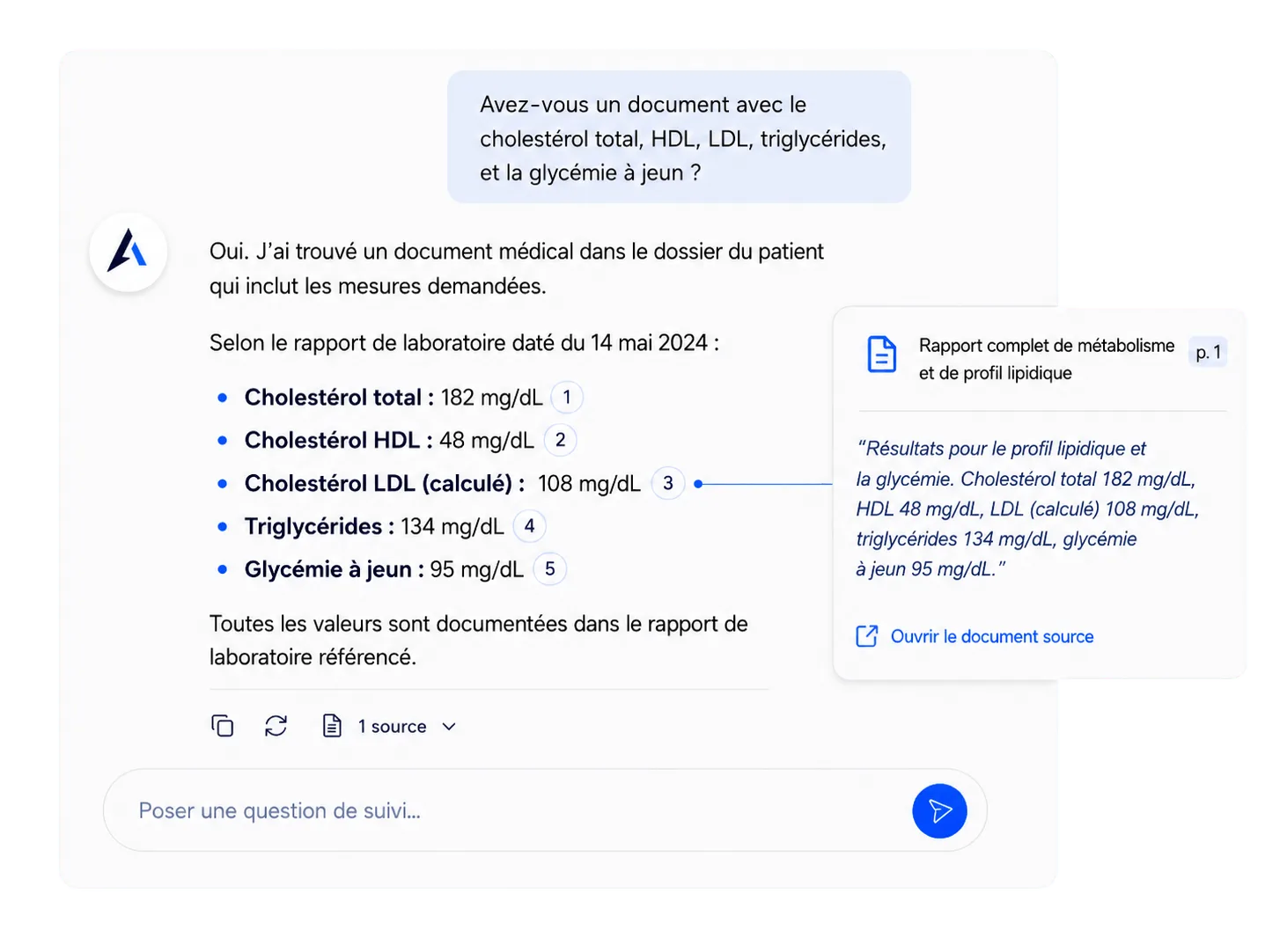Chat Avicen avec popup de source indiquant la référence exacte du document
